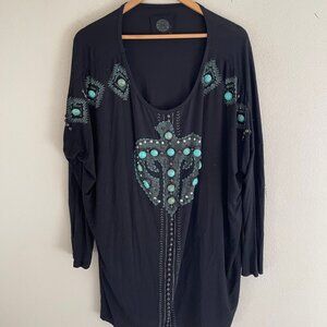 DOUBLE D RANCH Long Black Dress/Tunic with Turquoise Colored Beads: NWOT! XL